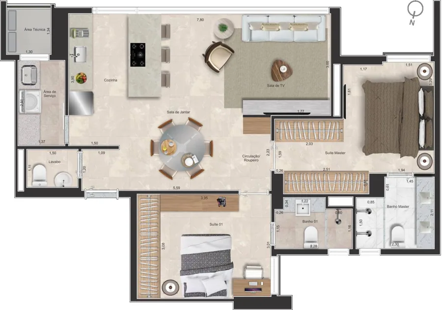 Planta do Maestro Residenza: 8 Apto 2 Norte (Grande) · 88 m²
